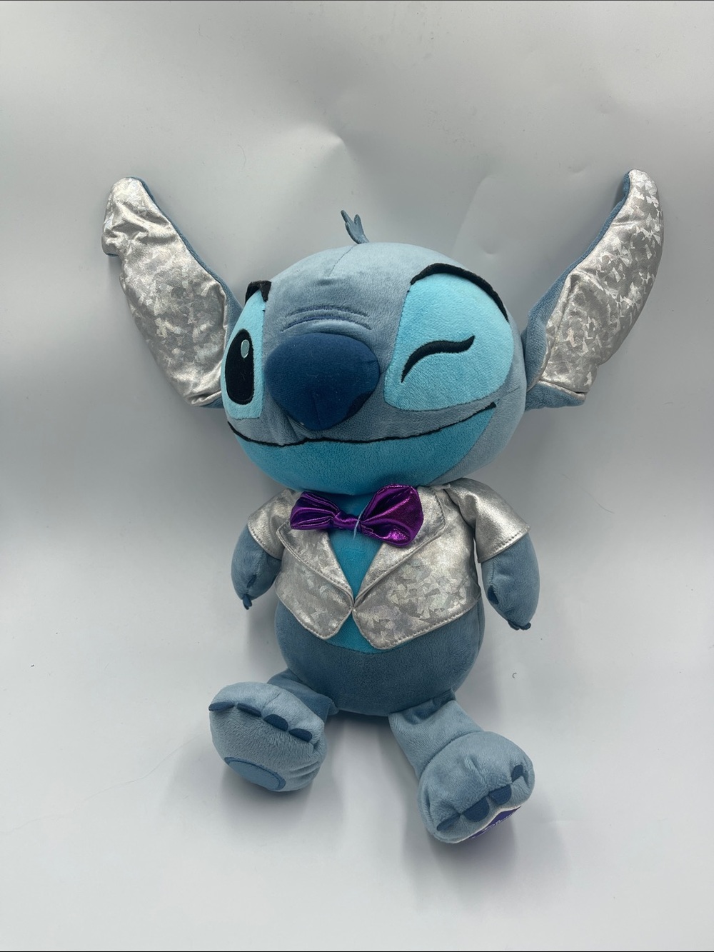 Disney Blue Stitch Plush 100 years of wonder with Silver Jacket and Purple Bow